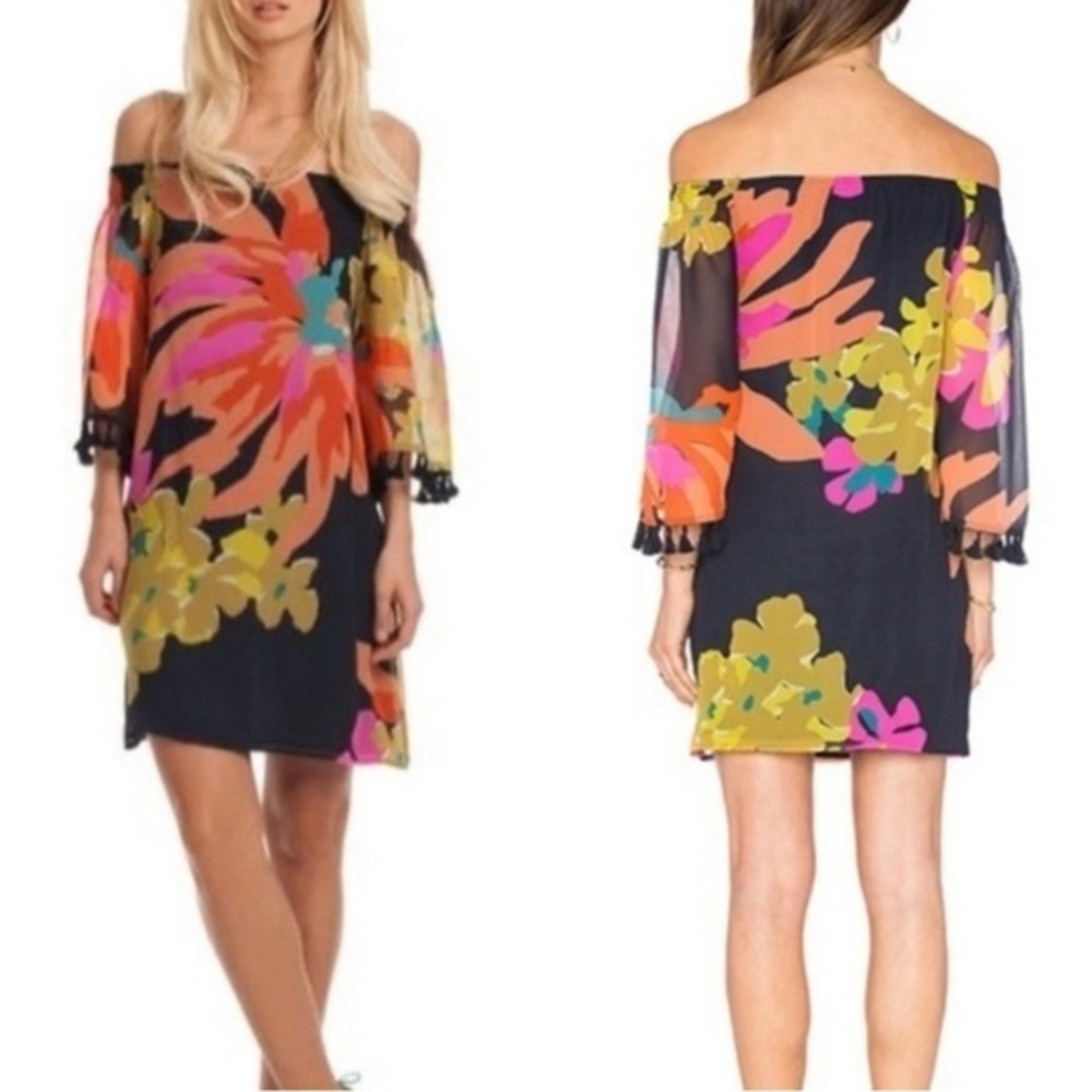 Trina Turk Off Shoulder Floral Tassel Sleeve Shift Dress 2 Tropical